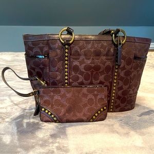 Coach Metallic Lurex Studded Jacquard Sig C Leather Tote w/ Matching Wristlet